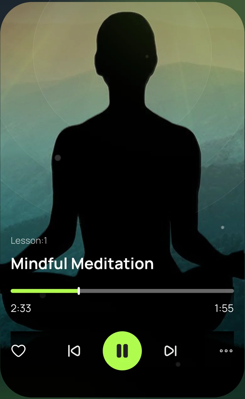 The Evolve player: Mindful Meditation, Lesson 1, with a scrub bar and transport controls over the session artwork